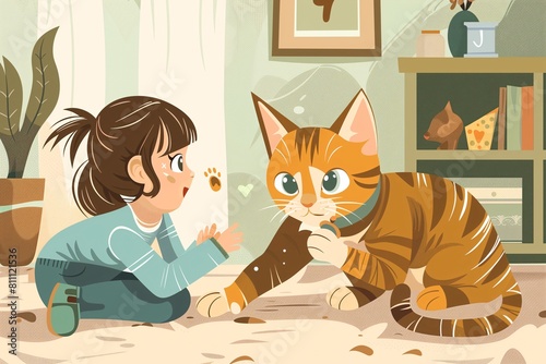 An illustration of a cat playing with a little girl