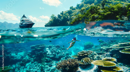 Snorkeling Adventure for a Girl Near a Yacht in Tropical Waters  © Creative Valley