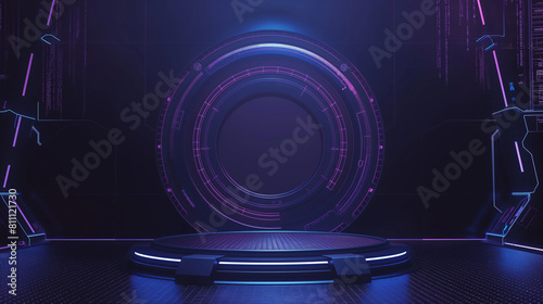 Podium background 3D light tech stage future platform game abstract. Podium 3D background technology room product circle glow effect portal stand studio purple scene design ring modern display space