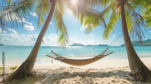 A hammock is swaying between two tall palm trees on a sandy beach  overlooking the crystalclear water and blue sky. The natural landscape is serene and perfect for relaxation AIG50