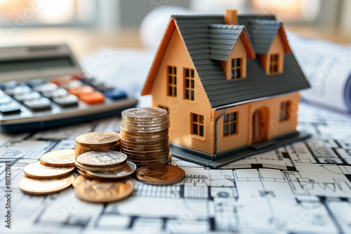 A model house surrounded by stacks of coins and dollar bills on blueprints, representing financial planning and investment in real estate.