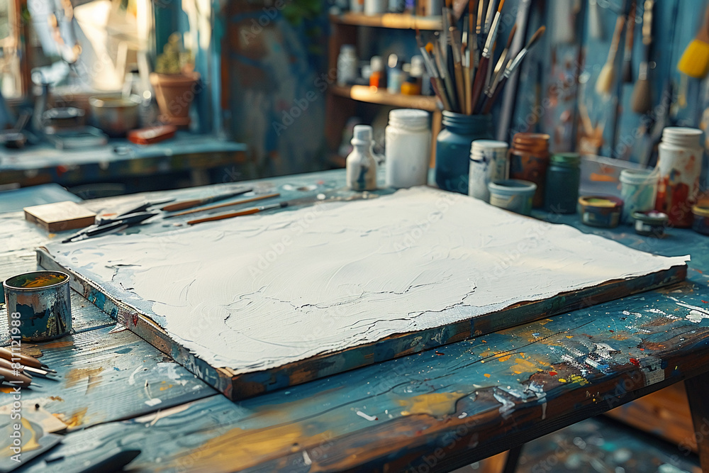 
extreme close up, Analog color photography, taken on Canon AE-1, of a blank sheet of paper on an artist workshop table, art supplies around, morning soft light, with exclusive finishes and minimalist