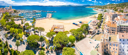 Town of Sainte Maxime beach and waterfront aerial panoramic view photo