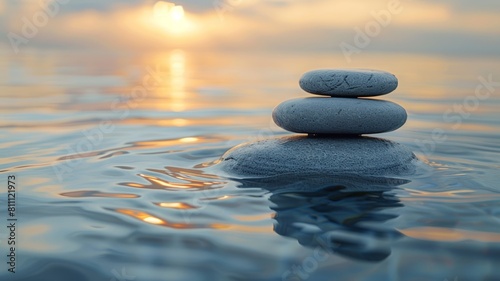 The photo shows three stones stacked on top of each other, sitting in the middle of a large body of water