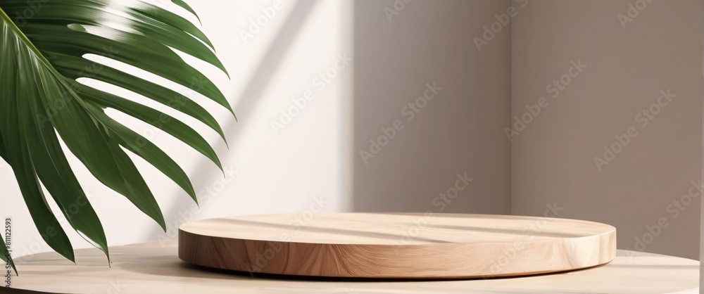 Minimal natural wood podium with green palm leaf with sunlight background. Minimal wooden stand for branding and packaging presentation Minimal natural wood podium with green palm leaf with sunlight background. Minimal wooden stand for branding and packaging presentation