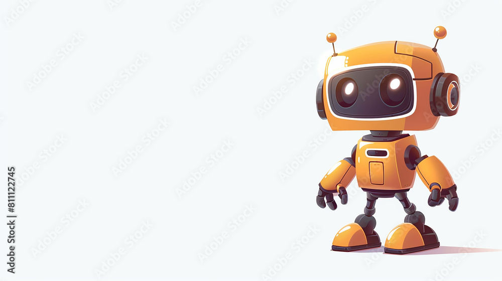 A cartoon illustration on a white background. A cute, yellow robot is standing on the side of the image.