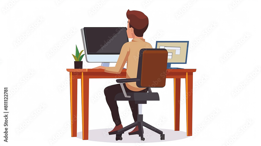 A cartoon illustration on a white background. In the center, there is a computer desk for working with a person sitting and working. The person can be either a man .