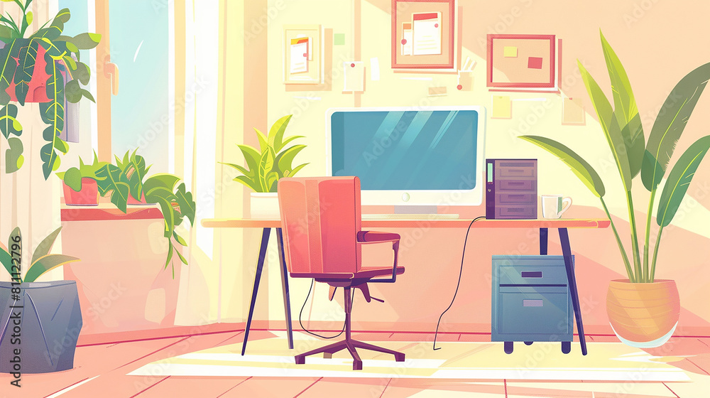 Fototapeta premium A cartoon illustration on a white background. In the center, there is a computer desk for working.