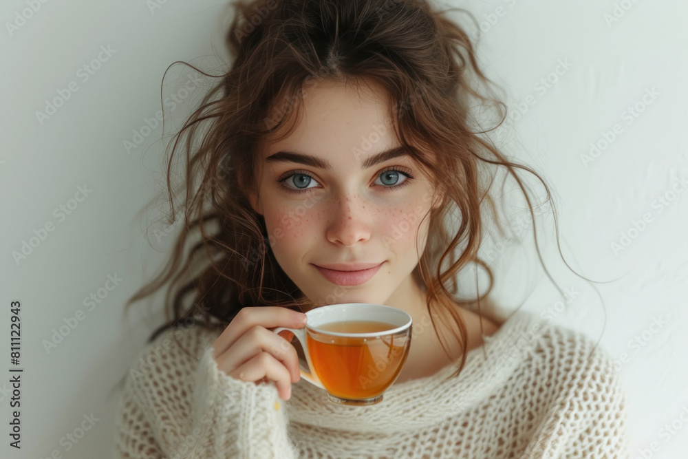 Young beautiful woman drinking tea or coffee Young beautiful woman drinking tea or coffee