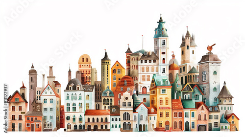 A white background with various cartoon buildings clustered in the center.