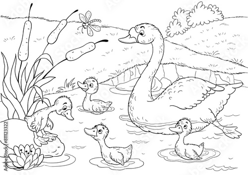Ugly duckling. Fairy tale. Coloring page. Coloring book. Illustration for children. Cute and funny cartoon characters
