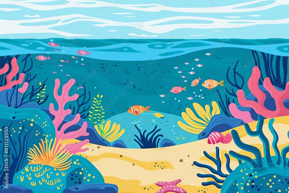 Fototapeta premium Habitat tidal pool exploration flat design side view marine education theme cartoon drawing vivid