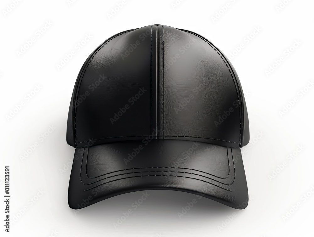 A black leather baseball cap on a white background.