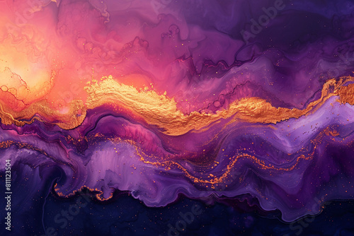 Create an image that features an abstract fluid art design. The artwork should have a sunset-inspired palette of coral pink, dusk purple, and amber, enriched by gold leaf highlights. The composition s photo