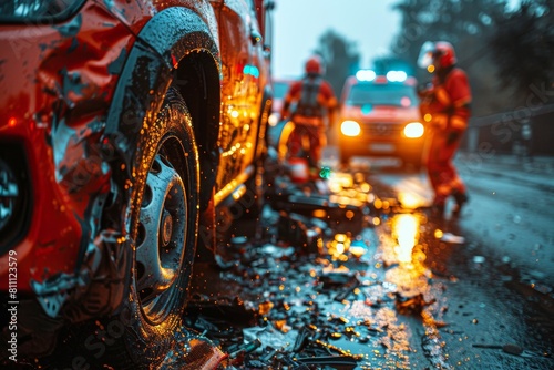 A vivid close-up view of a red car involved in an accident with emergency responders and rainy weather adding to the chaotic scene