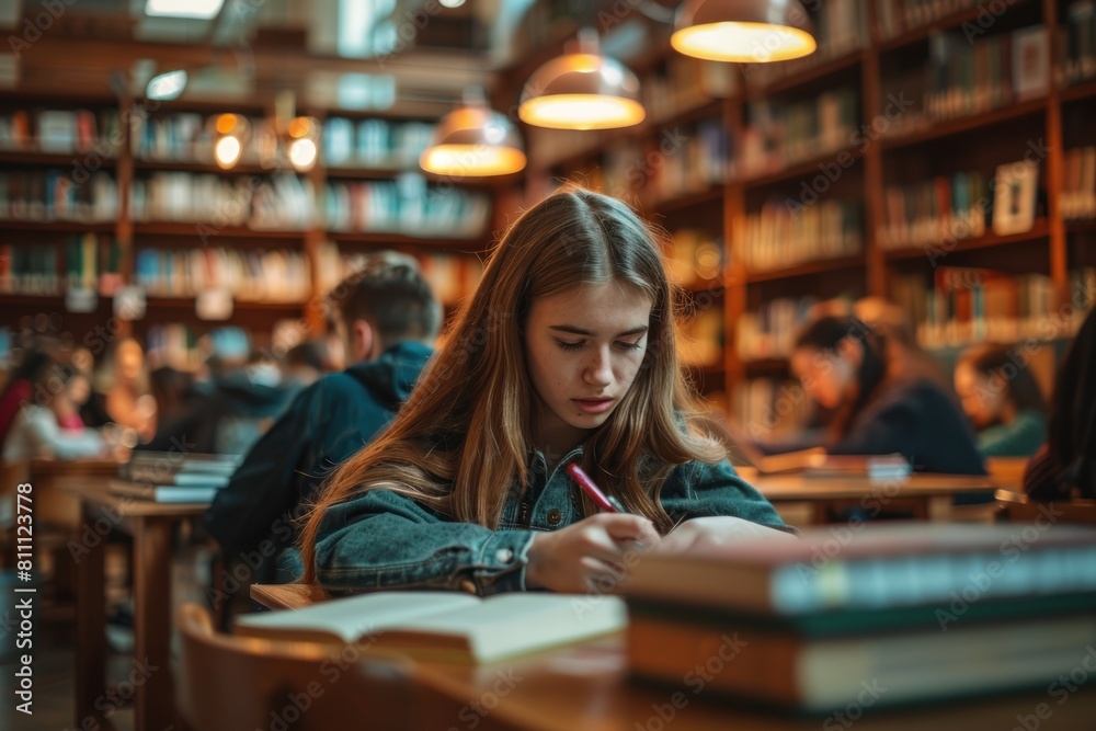 A girl is sitting at a desk in a library with a book in front of her