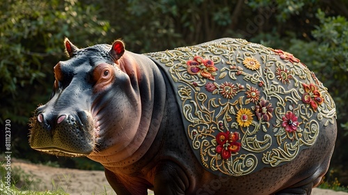 Majestic Hippo Adorned with Baroqueinspired Flower Pattern Basking in Sunlight Generative ai photo