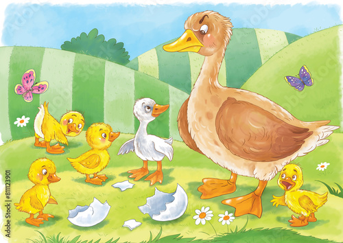 Ugly duckling. Fairy tale. Coloring page. Coloring book. Illustration for children. Cute and funny cartoon characters