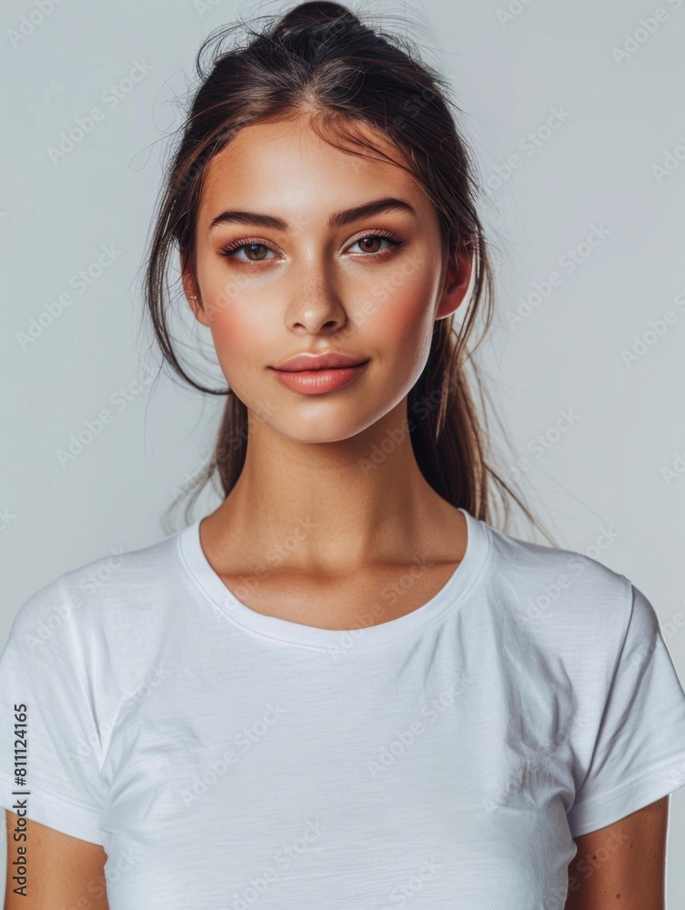 Woman wearing white tshirt mockup created with generative AI Woman wearing white tshirt mockup created with generative AI