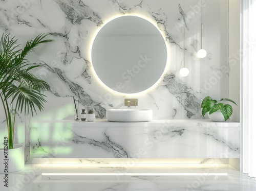 White marble wall with circular mirror and white vanity. Green accent color  floating shelf  and geometric lighting