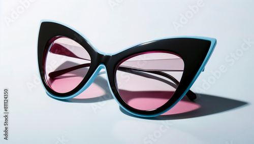 Black and blue retro cat eye sunglasses with a pink tint on a white background. A close up of fashion glasses with a shadow. Fashion accessories. Isolated on a pastel background, in the style of clipa photo