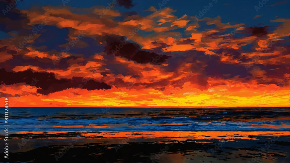 Watercolor california beach sunset, abstract 16:9 with copyspace