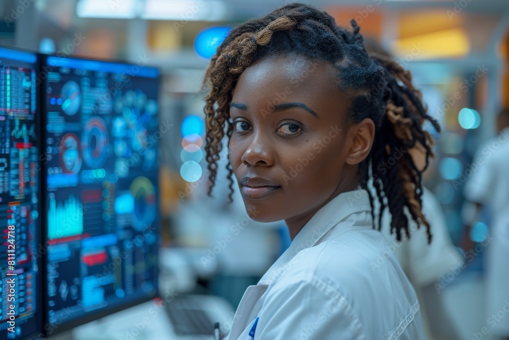 A professional woman with dreadlocks working in a technical environment with screens displaying data in the background A professional woman with dreadlocks working in a technical environment with screens displaying data in the background