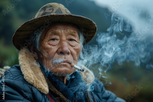 Elderly man with weathered face wearing a hat and smoking in tranquil, foggy mountain setting