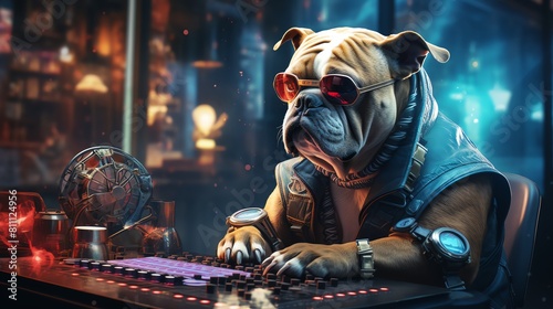 A Bulldog using a touchsensitive, illuminated chess board with futuristic gadgets and devices in the background photo