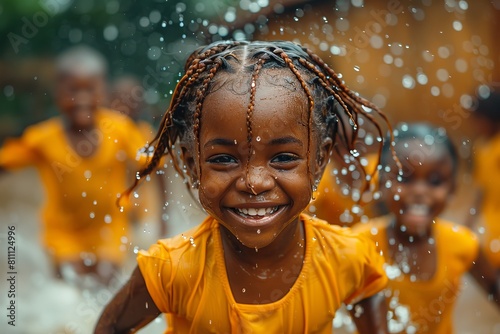 A happy young girl in yellow clothes is playing with water, showing an infectious smile and joy