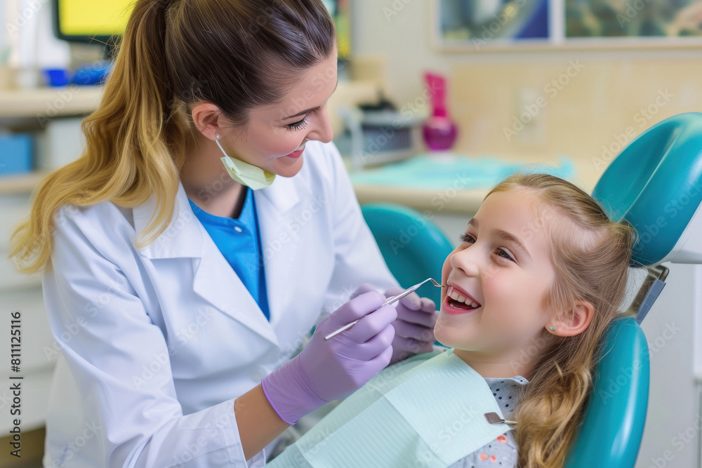 Obraz premium Young woman dentist smiling with little girl patient at clinic