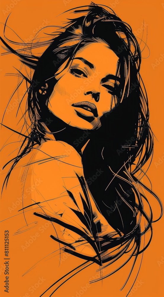 Black and white line sketch of a beautiful woman with long hair in front on an orange background