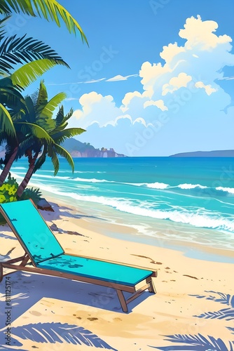 Beautiful summer seascape  romantic sunbathing scene on the beach when the tide rises on a sunny day. Illustration vector. Generative AI