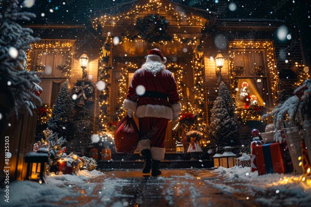 A magical scene with Santa Claus standing in the snow with a sack in front of a house adorned with Christmas lights and decorations