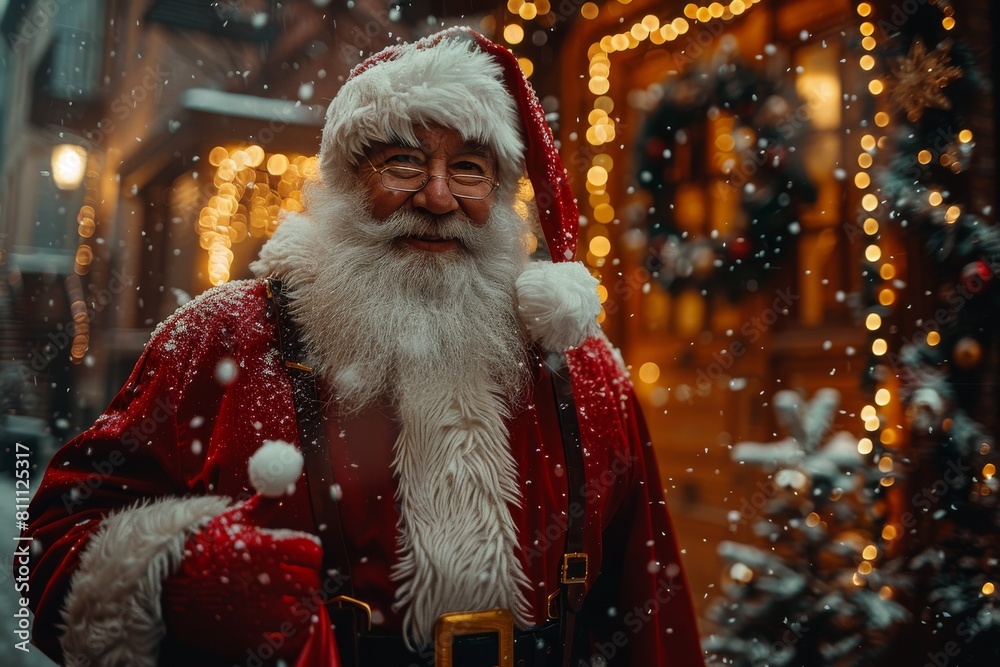 A close-up of Santa Claus smiling in a snowy environment, carrying a gift bag A close-up of Santa Claus smiling in a snowy environment, carrying a gift bag