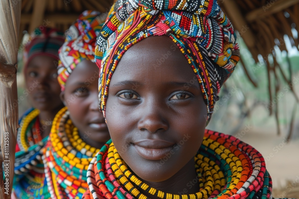 A group portrait of African women with attention to colorful headwraps and necklaces, representing friendship and culture