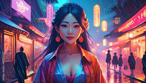 Portrait einer jungen asiatischen Frau bei nächtlichem Regen und Neonlichtern in einer asiatischen Stadt.
