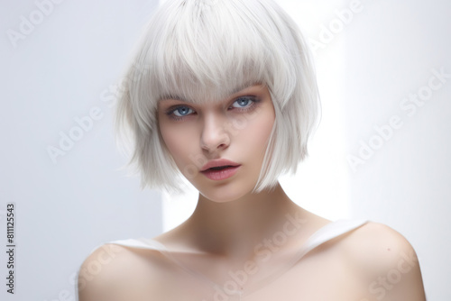 blonde girl with bob hairstyle, straight hair, fashion background, copy space, design layout blank, wallpaper