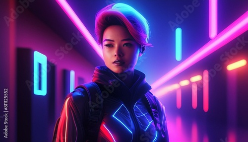 Portrait einer jungen asiatischen Frau umgeben von Neonlichtern.