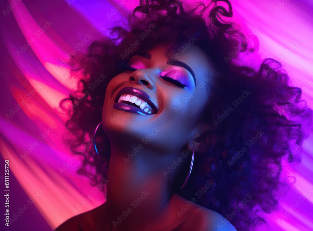 Fototapeta premium happy smiling african american woman in neon light, portrait, bright lighting light, portrait, close-up