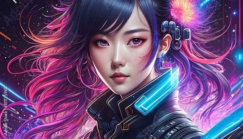 Portrait einer hübschen, jungen asiatischen Frau. Farbenfrohe Illustration