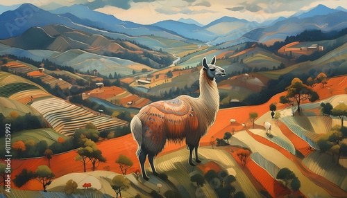 Lamas in einer malerischen Landschaft, Abstrakter gemalener Hintergrund, Brush Effekt, Hintergrund, Wallpaper photo