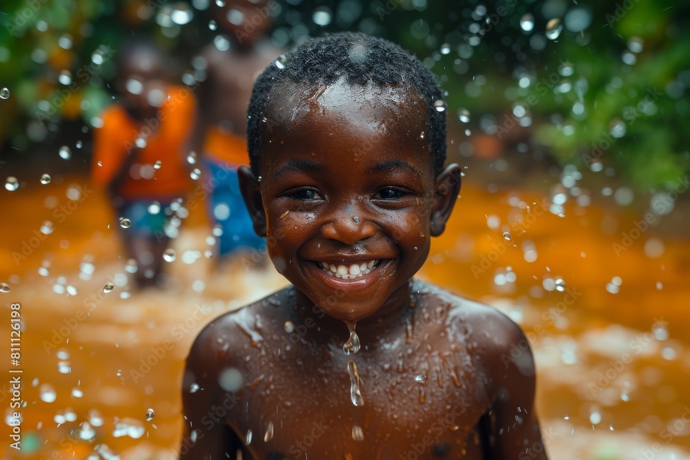 A joyful child plays in tropical rain, showcasing pure happiness and carefree childhood moments A joyful child plays in tropical rain, showcasing pure happiness and carefree childhood moments