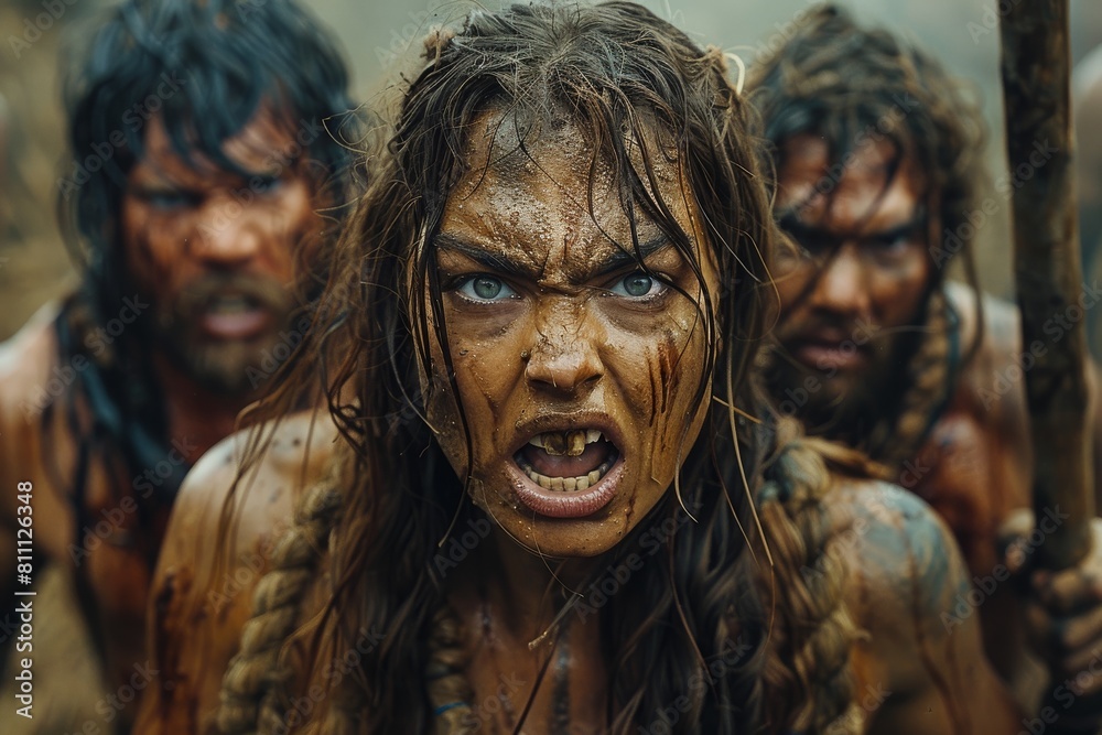 A dramatic shot of an angry tribal female warrior with intense eyes and war paint yelling