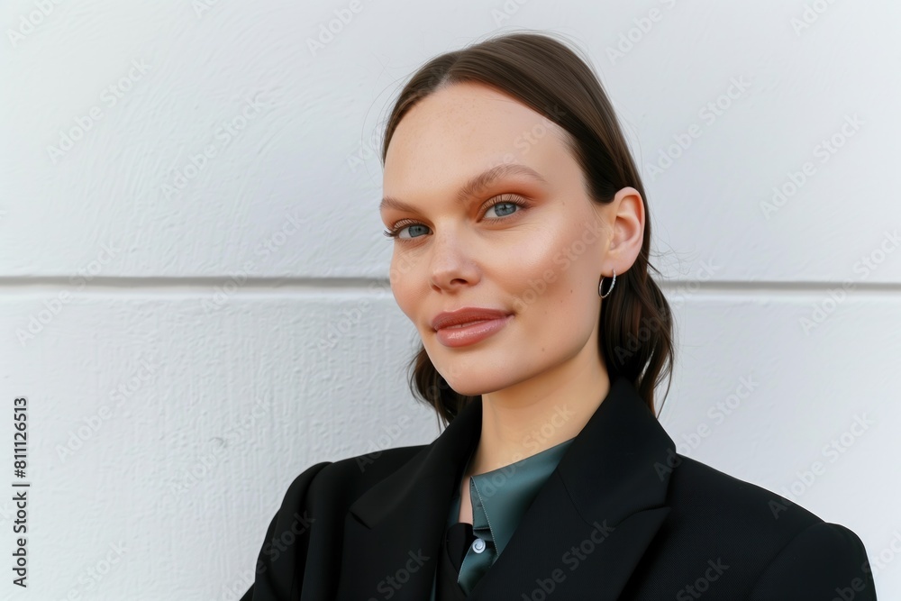 Elegant businesswoman with a minimalistic look, featuring a light makeup and a smart black outfit. Elegant businesswoman with a minimalistic look, featuring a light makeup and a smart black outfit.