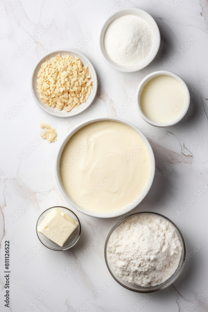 flour, milk and butter, making dough, pancakes, cheesecakes, flat lay flour, milk and butter, making dough, pancakes, cheesecakes, flat lay