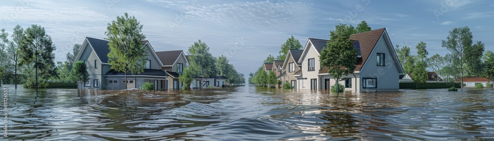 A flooded street with houses in the background A flooded street with houses in the background
