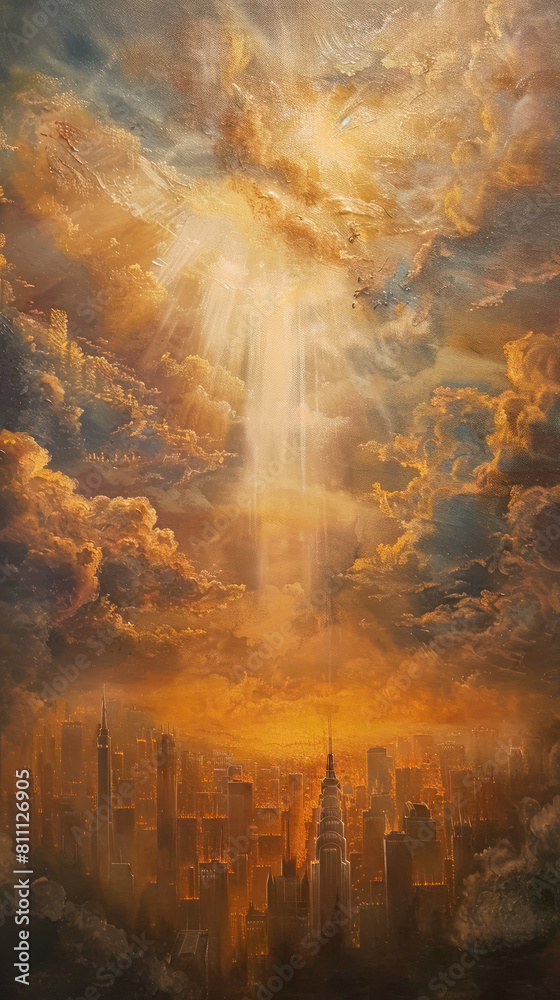 Cityscape at Sunset with Sunrays, Pentecost a Christian holiday, the descent of the Holy Spirit.