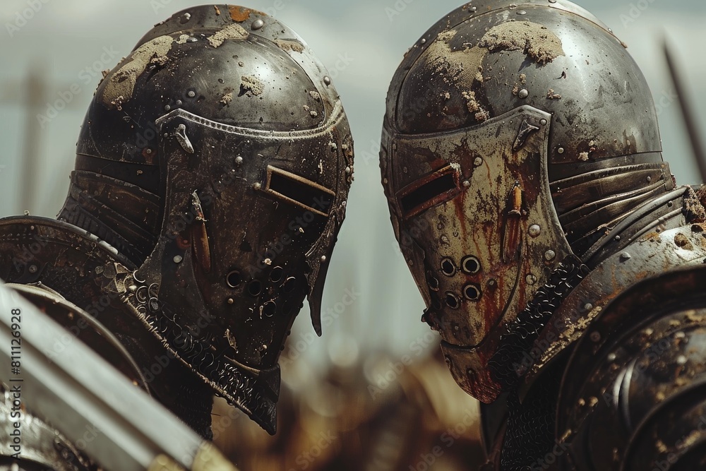 Fototapeta premium Two knights in detailed medieval armor face each other, showcasing historic battle attire and craftsmanship