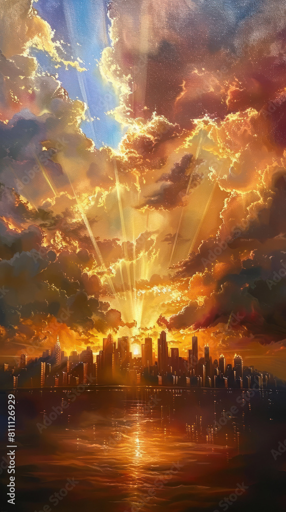 City Skyline Sunset Painting Vibe., Pentecost a Christian holiday, the descent of the Holy Spirit. City Skyline Sunset Painting Vibe., Pentecost a Christian holiday, the descent of the Holy Spirit.